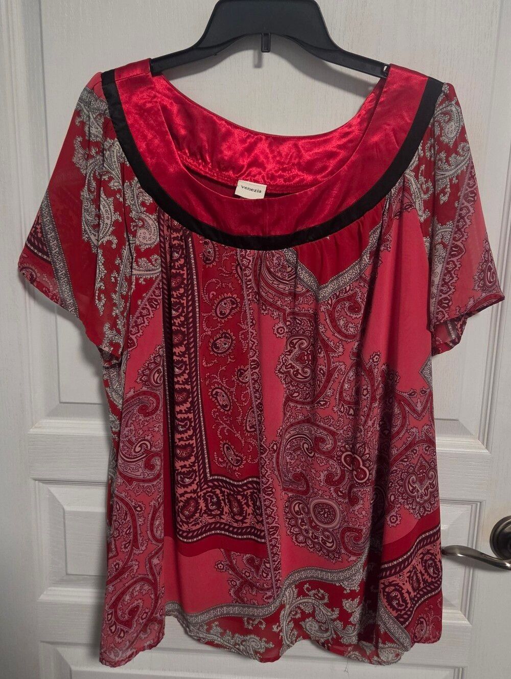 VTG Venezia Paisley Blouse Peasant Top Red Black Pink Satin Women's Plus 18 20